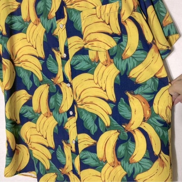 Hawagoos Yellow Green Banana Print Casual Short Sleeve Button Up Shirt L - Picture 11 of 14